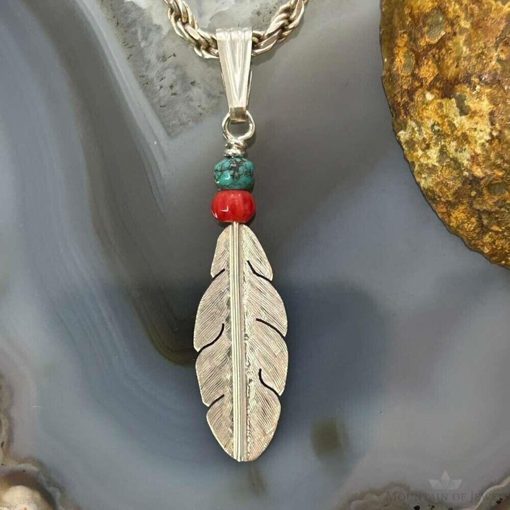 Anthony Gatewood Sterling Silver Turquoise&Coral Beads Feather Pendant For Women
